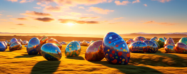 Sunset on a hilly landscape with rows of colorful Easter eggs with golden patterns. Easter celebration, spring theme, rural idyll, meditation