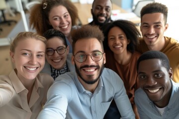Coworkers in the office, exchanging smiles and laughter during team-building sessions, with a focus on a group selfie that reflects their collaborative spirit