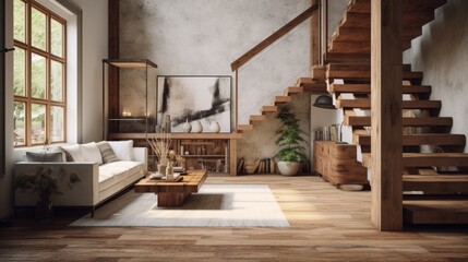 Farmhouse home interior design of modern living room with wooden staircase