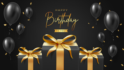 Fototapeta na wymiar Happy Birthday Greeting Card and Banner Design. Luxury and Premium Birthday Celebration Cover and Background with Gift Box, Confetti, and Golden Text Vector Illustration