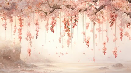 Illustration of hanging garlands of cherry blossoms, romantic style