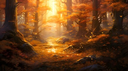 Fantasy landscape with autumn forest and sun. Panoramic image.