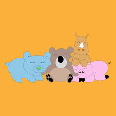 Cartoon drawing of animals sleeping in groups.