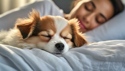 Pies śpiący obok swojej opiekunki na łóżku w białej pościeli  - obrazy, fototapety, plakaty