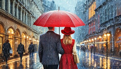 Kobieta i mężczyzna schowani pod czerwonym parasolem spacerują przez miasto w deszczową pogodę - obrazy, fototapety, plakaty