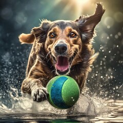 Pies biegnący po wodzie w pogoni za piłką - obrazy, fototapety, plakaty