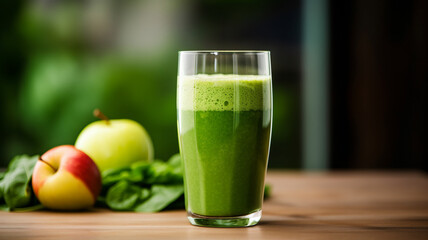 Healthy green smoothie in a glass, surrounded by fresh spinach, apple, and lemon on a sunlit wooden kitchen table