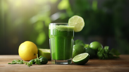 Healthy green smoothie in a glass, surrounded by fresh spinach, apple, and lemon on a sunlit wooden kitchen table
