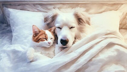 Pies i kot śpiące w łóżku na poduszce przykryte kołdrą - obrazy, fototapety, plakaty