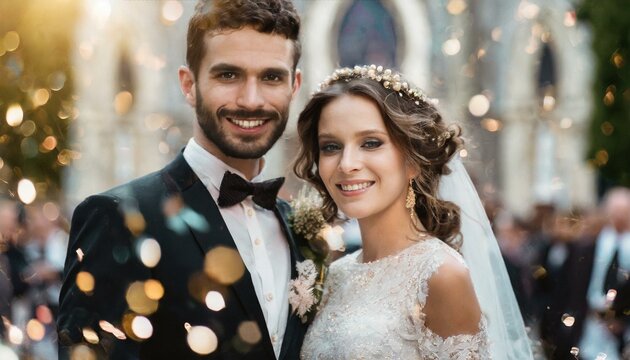 Młoda para obsypywana konfetti po wyjściu z kościoła