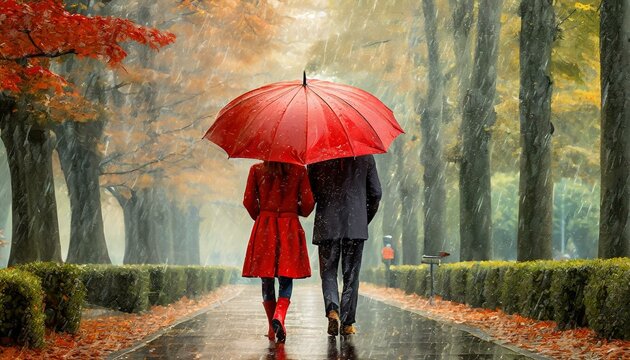 A woman and a man hidden under a red umbrella walk through the city in rainy weather