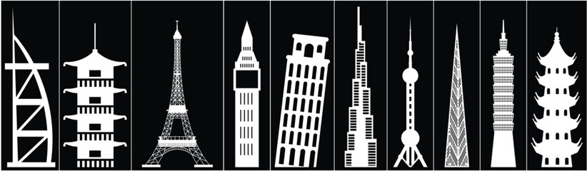 World's tourism day. Travel and tourism background. Famous buildings in the world against black backgrounds. Used for travel and tourism backgrounds, courier services, posts. EPS.