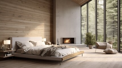 Farmhouse interior design of modern bedroom with hardwood floor