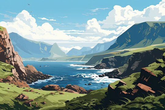 beautiful green nature mountain landscape in summer by the ocean illustration