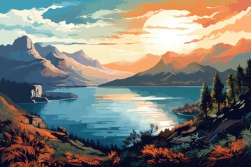 Fototapeta na wymiar beautiful lake with mountain view landscape illustration
