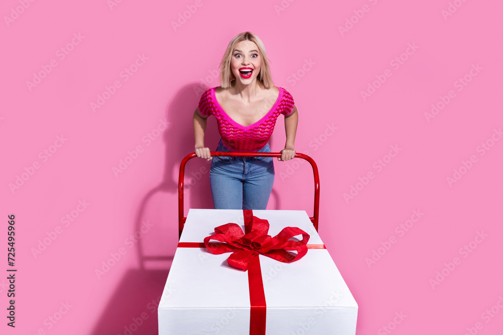 Wall mural Full size photo of impressed ecstatic woman dressed knit top pushing large gift box on trolley on black friday isolated on pink background