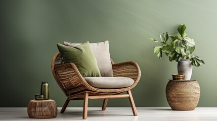 Green lounge chair and wicker round coffee table. Mid century home interior design of modern living room