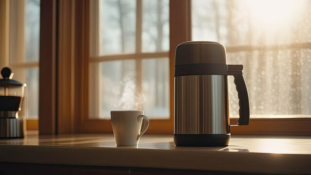 A thermos and a thermos mug with hot drinks in the sunshine stand on the table of a modern kitchen in the early hours of the morning