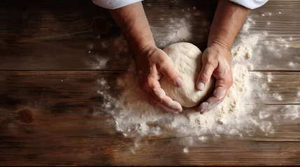 Selbstklebende Fototapeten Hands kneading dough on a floured wood surface, baking process, fresh ingredients visible, culinary art, home cooking. Generative AI © anna