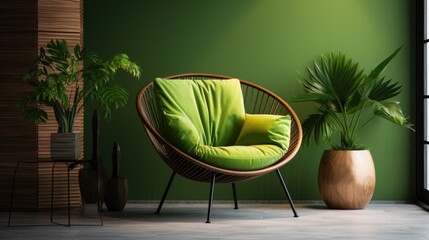 Green lounge chair and wicker round coffee table. Mid century home interior design of modern living room
