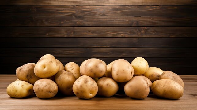  wooden table background with a row of fresh potatoes lined up at the bottom. Generative AI