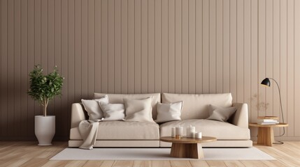 Fototapeta na wymiar Beige corner sofa against of wooden paneling wall. Minimalist interior design of modern living room