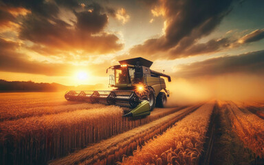 Fototapeta premium Combine harvester harvesting ripe wheat on big wheat field and tractor
