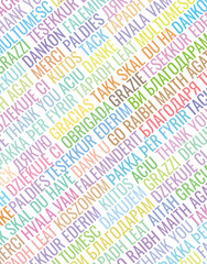 Abstract colorful Thank you word translated terms pastel color on A4 portrait page format