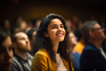 Fototapeta premium A joyful female college student in a lecture hall, looking away with a smile, radiating positivity and enthusiasm for learning