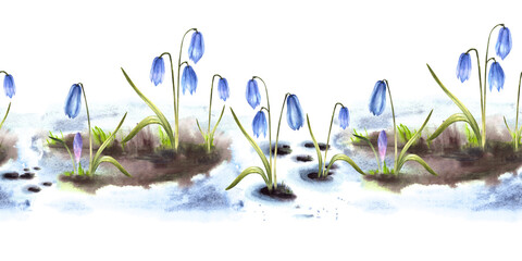 Watercolor painting primary flowers illustration Arrival of spring seamless pattern, border Melting snow landscape blue squills, scilla snowdrops Flowers sprouting through the snow Isolated background - obrazy, fototapety, plakaty
