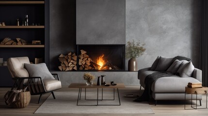 Grey sofa and lounge chair by fireplace. Scandinavian, hygge home interior design of modern living room