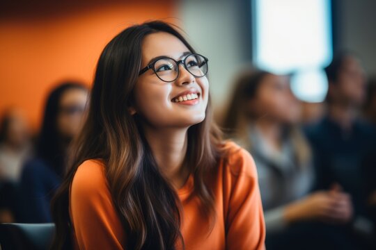  a female college student in a lecture hall, looking away with a bright smile, embodying the spirit of enthusiasm for her studies