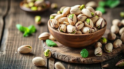 Bowl of pistachio nuts on wooden rustic table. Healthy food and snack. COpy space for text.