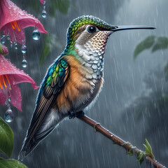 Hummingbird gracefully defies rain, collecting nectar from flowers in a stunning captured. A blend of natural beauty, survival, and enchanting fantasy."