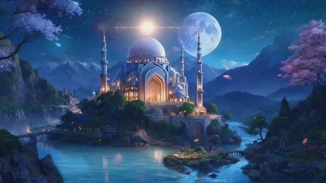 A paradise fantasy mosque on a spring full moon night, a small river beside the mosque,