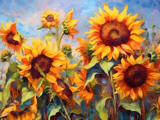 Oil painting of sunflowers on canvas with blue sky background.