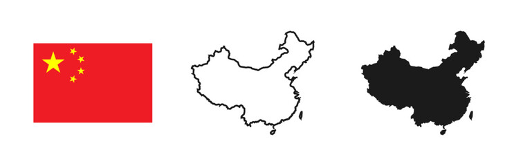 China flag and map silhouette linear and black illustration. Vector