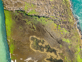 Aerial: Abstract crinkly texture of rocky coastline and waves. Murawai, Auckland, New Zealand.