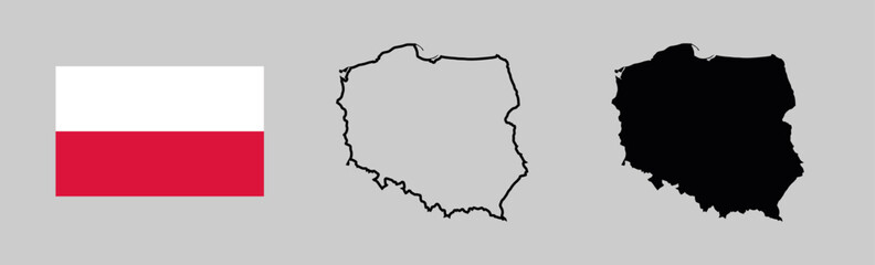 Poland flag and map silhouette linear and black illustration. Vector