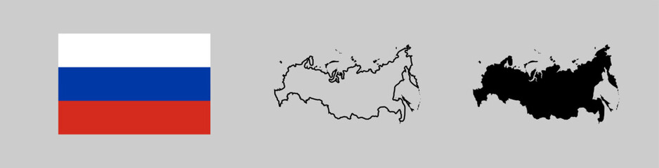 Russia flag and map silhouette linear and black illustration. Vector