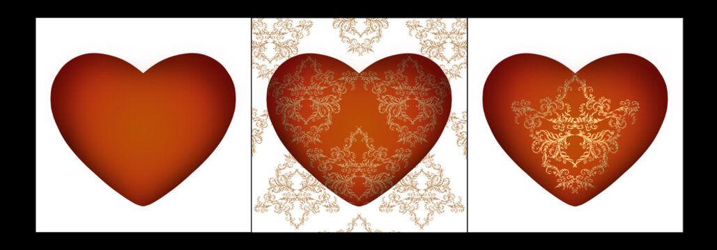 A set of backgrounds with the image of a heart. Red heart with gold decoration. Postcards or banners for Valentine's Day, weddings. 3-D.

