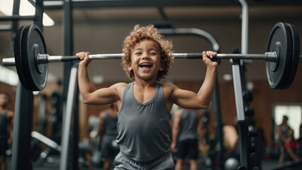 child in sportswear in the gym lifts a very heavy barbell - health and wellness concept - ai generative image - obrazy, fototapety, plakaty