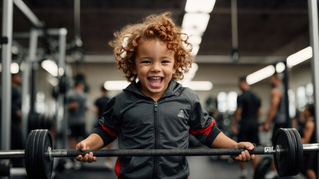 child in sportswear in the gym lifts a very heavy barbell - health and wellness concept - ai generative image