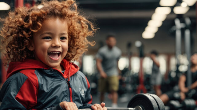 child in sportswear in the gym lifts a very heavy barbell - health and wellness concept - ai generative image