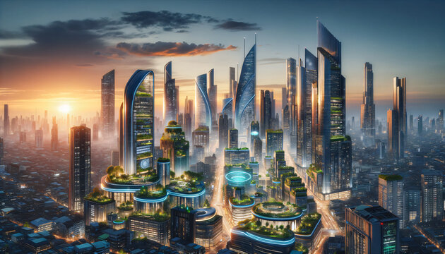 Hyper-realistic image of a futuristic cityscape at dusk, blending natural and artificial light, with modern skyscrapers, green roofs, and neon lights. Mood: progressive, sustainable. Generative AI.