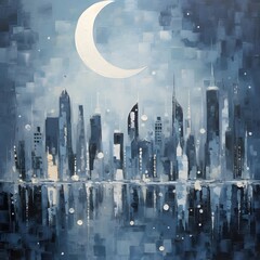 Night city with crescent moon and skyscrapers. Digital painting.