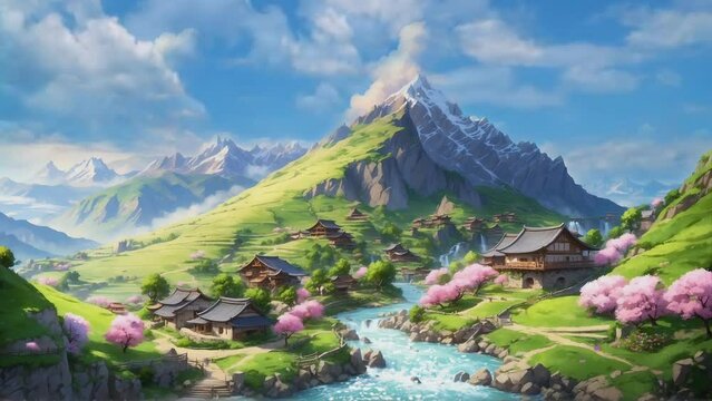 A paradise fantasy house in a village on a mountainside in spring, a small river beside the house, anime landscape illustration.