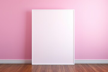 An empty white blank poster frame mockup on the floor against a pink wall. Pink frame mockup