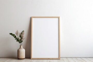 An empty wooden poster frame on the floor against a white wall with a plant decor vase. Frame mockup