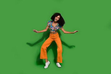 Full body size photo of young hipster girl wearing vintage outfit dancing chilling vibes dancer...